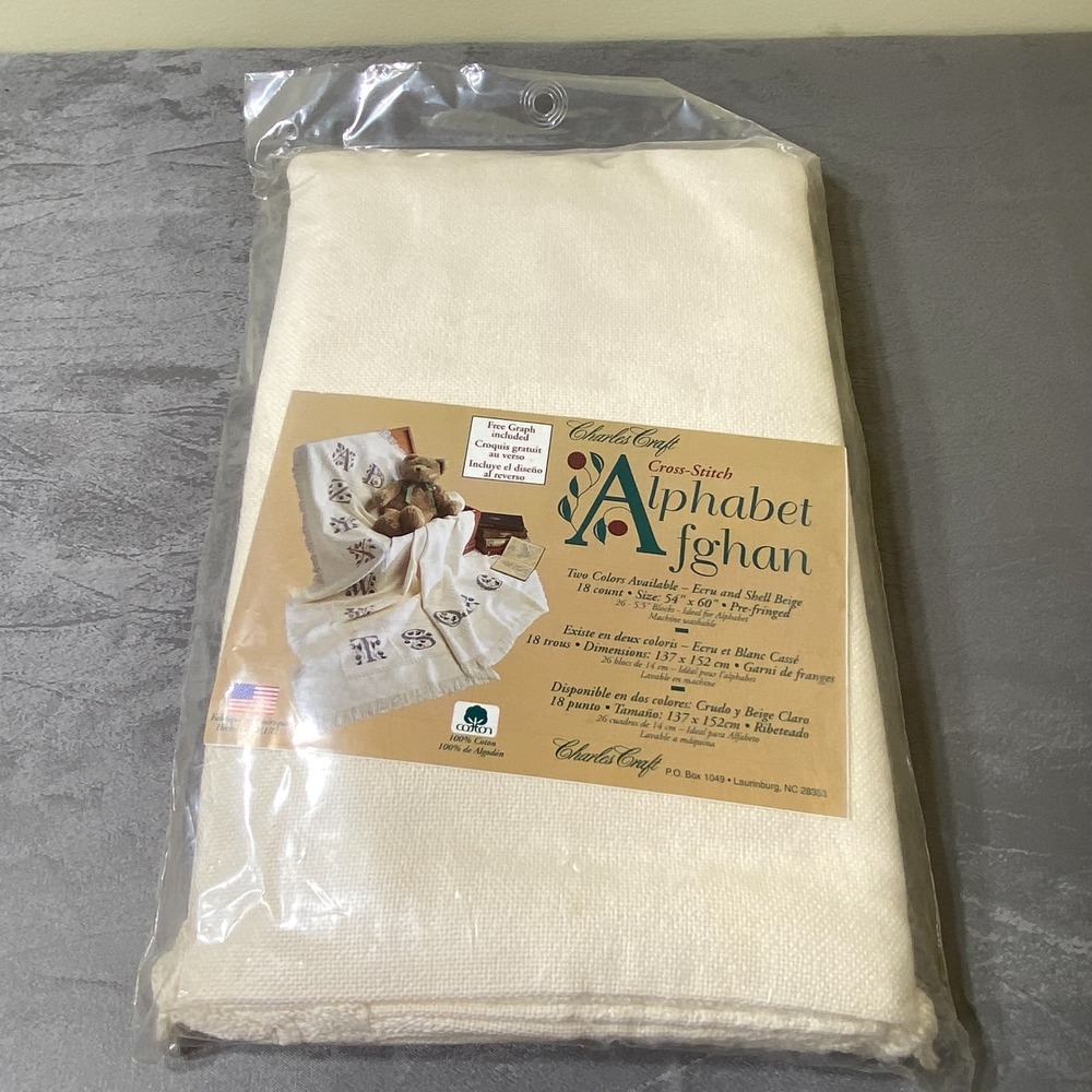 1995 NEW Alphabet Afghan 18 Count 54"X60" Pre-fringed Charles Craft Ecru NOS Vtg